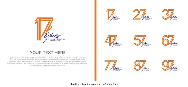 logo anniversary set. orange color with purple handwriting on white background for special event