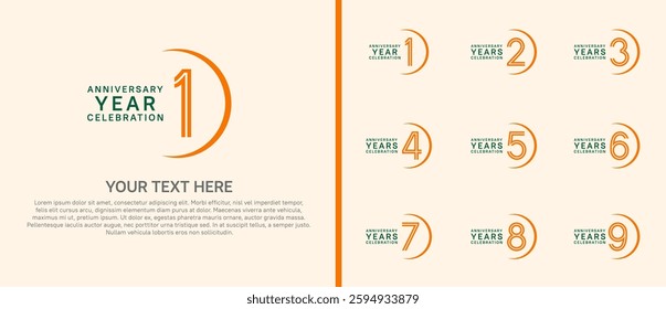 logo anniversary set. orange and green color with swoosh on white background for special event