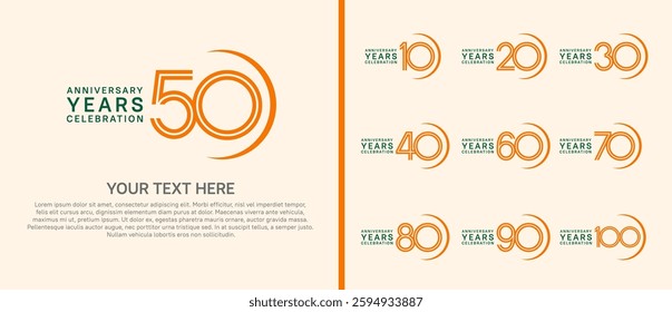 logo anniversary set. orange and green color with swoosh on white background for special event