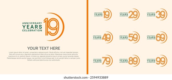 logo anniversary set. orange and green color with swoosh on white background for special event