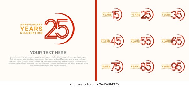 logo anniversary set. orange and red color with swoosh on white background for special event