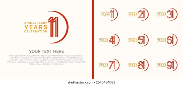 logo anniversary set. orange and red color with swoosh on white background for special event