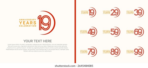 logo anniversary set. orange and red color with swoosh on white background for special event