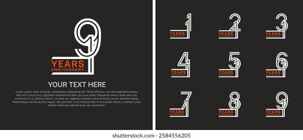 logo anniversary set. orange and white color on black background for special event