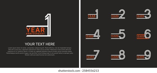 logo anniversary set. orange and white color on black background for special event