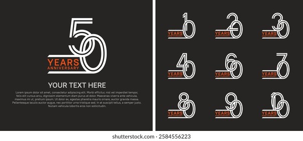 logo anniversary set. orange and white color on black background for special event