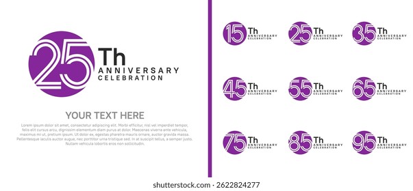logo anniversary set. purple and black color with circle on white background for special event