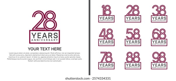 logo anniversary set. purple color with square on white background for special event