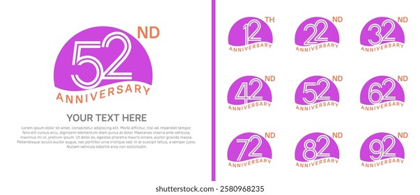 logo anniversary set. purple color with half circle on white background for special event