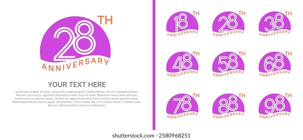 logo anniversary set. purple color with half circle on white background for special event