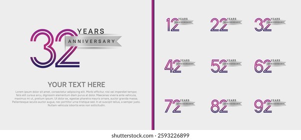 logo anniversary set. purple color with silver ribbon on white background for special event