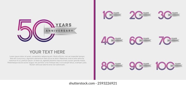 logo anniversary set. purple color with silver ribbon on white background for special event