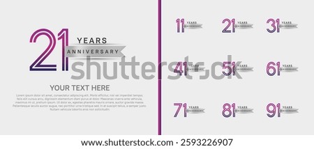 logo anniversary set. purple color with silver ribbon on white background for special event