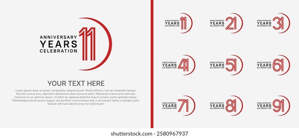 logo anniversary set. red and black color with swoosh on white background for special event