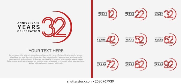 logo anniversary set. red and black color with swoosh on white background for special event