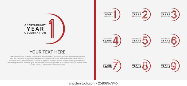 logo anniversary set. red and black color with swoosh on white background for special event