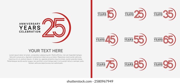 logo anniversary set. red and black color with swoosh on white background for special event