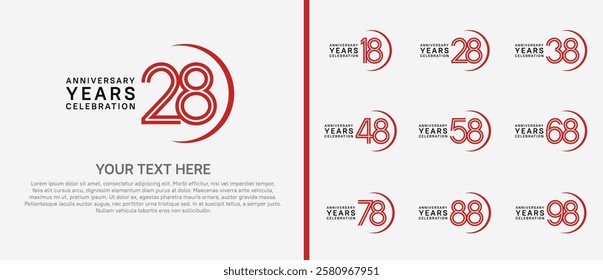 logo anniversary set. red and black color with swoosh on white background for special event