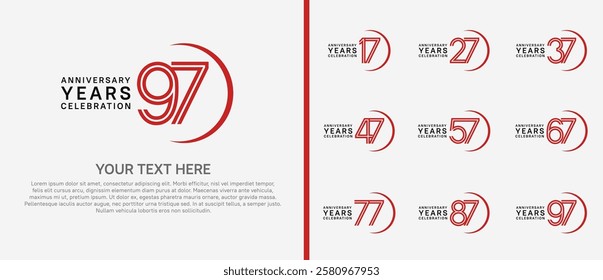 logo anniversary set. red and black color with swoosh on white background for special event