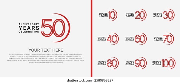 logo anniversary set. red and black color with swoosh on white background for special event