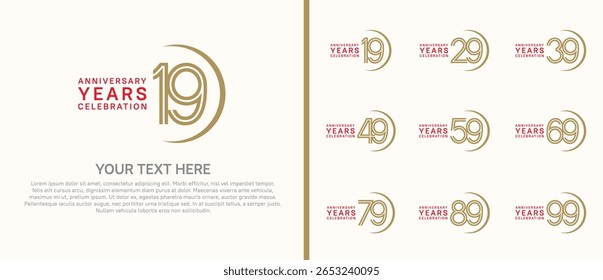 Conjunto de aniversario de logotipo. color rojo y marrón con swoosh sobre fondo blanco para eventos especiales