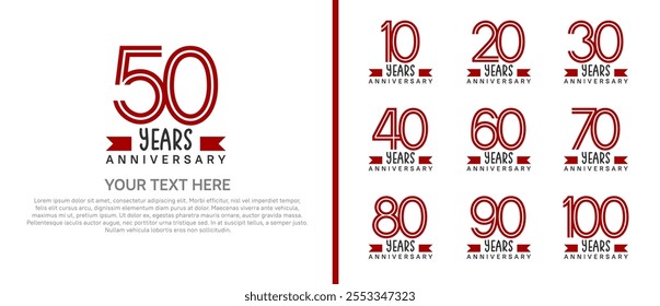 logo anniversary set. red color with red ribbon on white background for special event