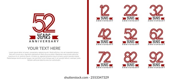 logo anniversary set. red color with red ribbon on white background for special event