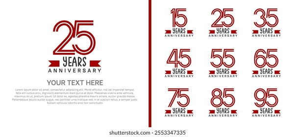 logo anniversary set. red color with red ribbon on white background for special event