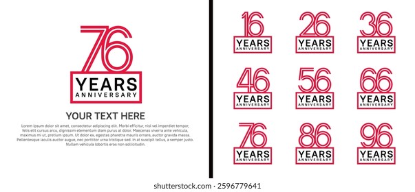 logo anniversary set. red color with square on white background for special event