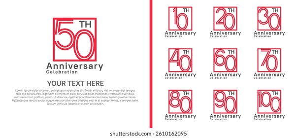 logo anniversary set. red color with square on white background for special event
