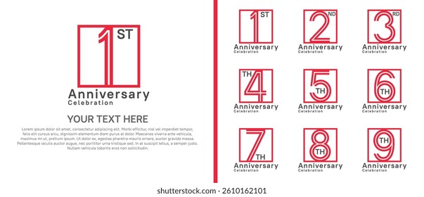 logo anniversary set. red color with square on white background for special event