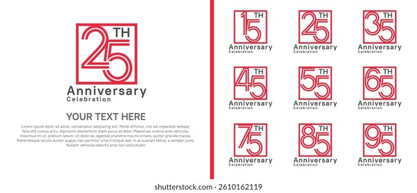 logo anniversary set. red color with square on white background for special event