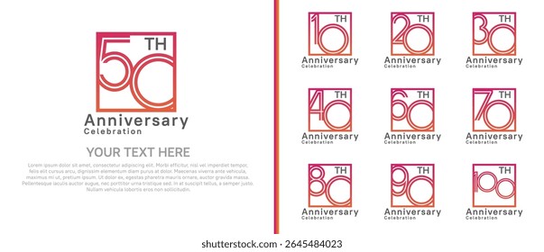 logo anniversary set. red color with square on white background for special event
