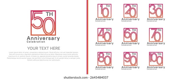 logo anniversary set. red color with square on white background for special event