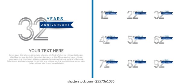 logo anniversary set. silver color with blue ribbon on white background for special event