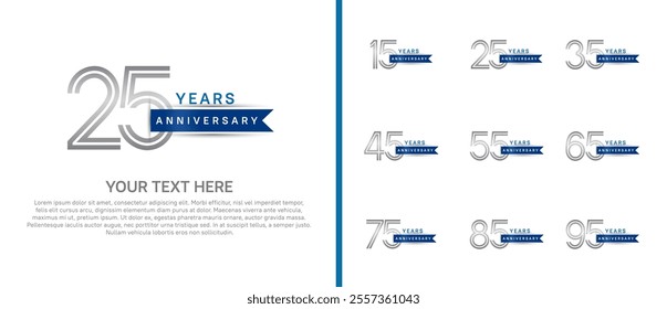 logo anniversary set. silver color with blue ribbon on white background for special event