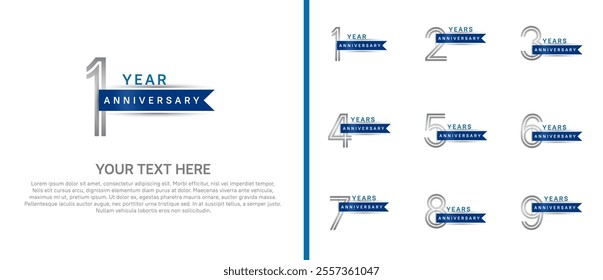 logo anniversary set. silver color with blue ribbon on white background for special event