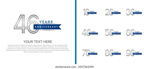 logo anniversary set. silver color with blue ribbon on white background for special event