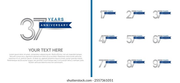 logo anniversary set. silver color with blue ribbon on white background for special event