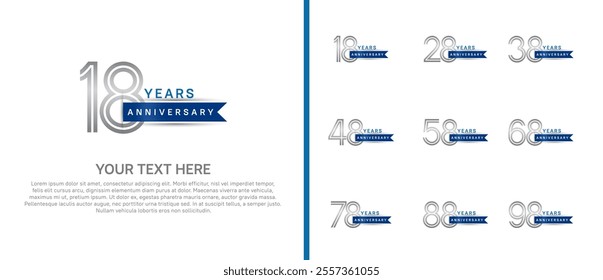 logo anniversary set. silver color with blue ribbon on white background for special event