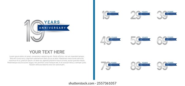 logo anniversary set. silver color with blue ribbon on white background for special event