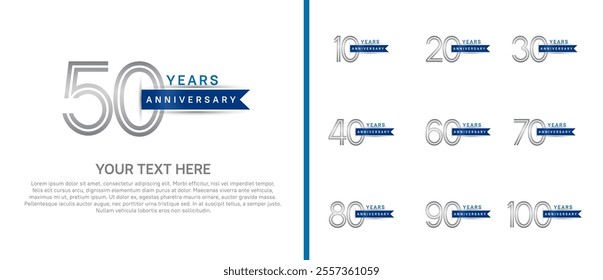 logo anniversary set. silver color with blue ribbon on white background for special event