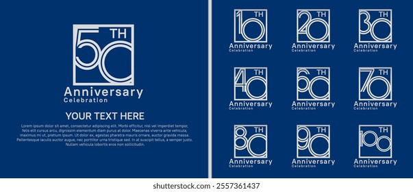 logo anniversary set. silver color with square on blue background for special event