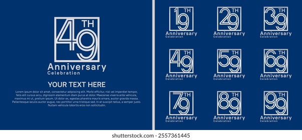 logo anniversary set. silver color with square on blue background for special event