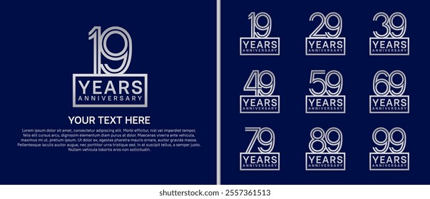 logo anniversary set. silver color with square on blue background for special event