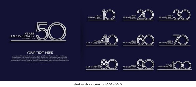 logo anniversary set. silver color with long line on blue background for special event