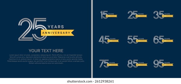 logo anniversary set. silver color with gold ribbon on blue background for special event