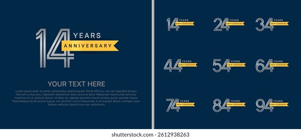 logo anniversary set. silver color with gold ribbon on blue background for special event
