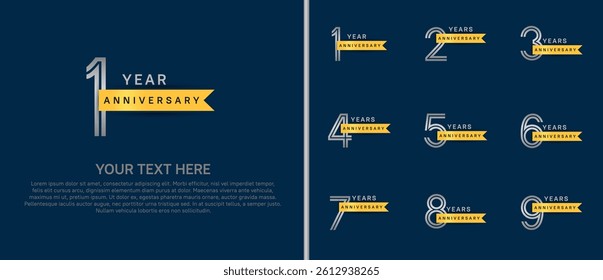 logo anniversary set. silver color with gold ribbon on blue background for special event