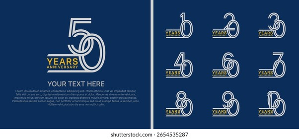 Conjunto de aniversario de logotipo. color plateado y amarillo sobre fondo azul para eventos especiales